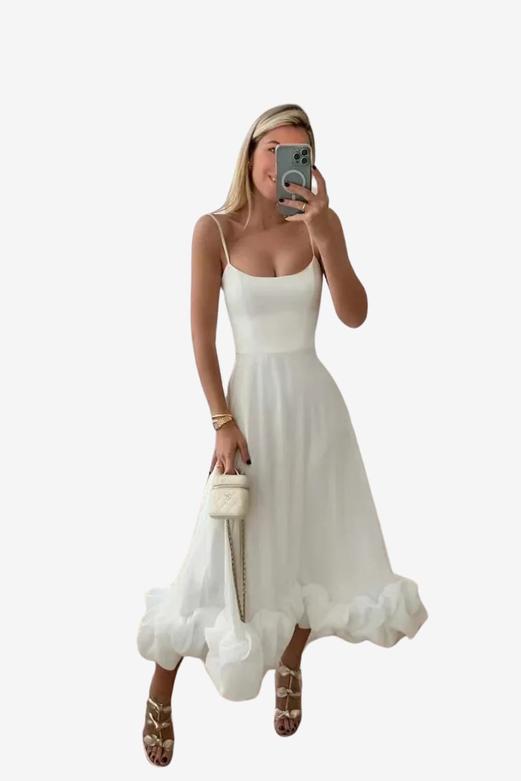 Women's Midi Dress with Spaghetti Straps and Ruffled Hem