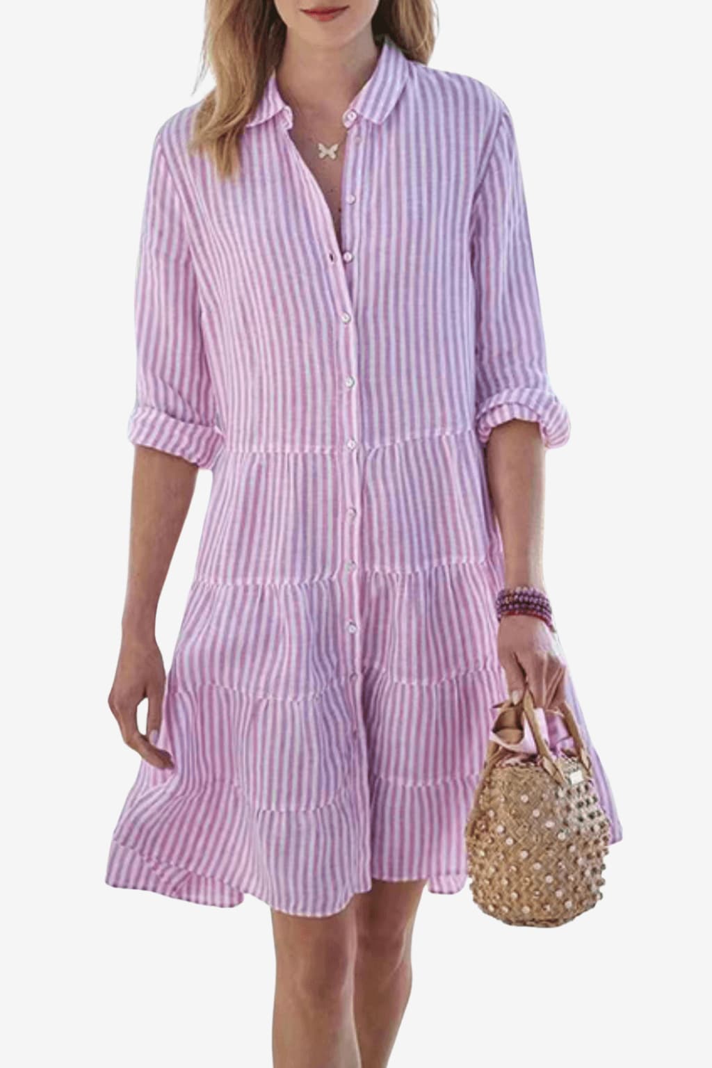 Women’s Striped Shirt Dress Button Up Knee Length Casual
