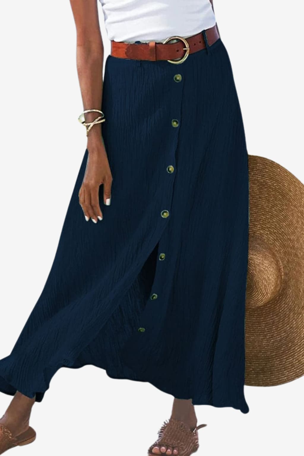 Women’s Maxi Skirt Sage Green Belted Button-Down Style