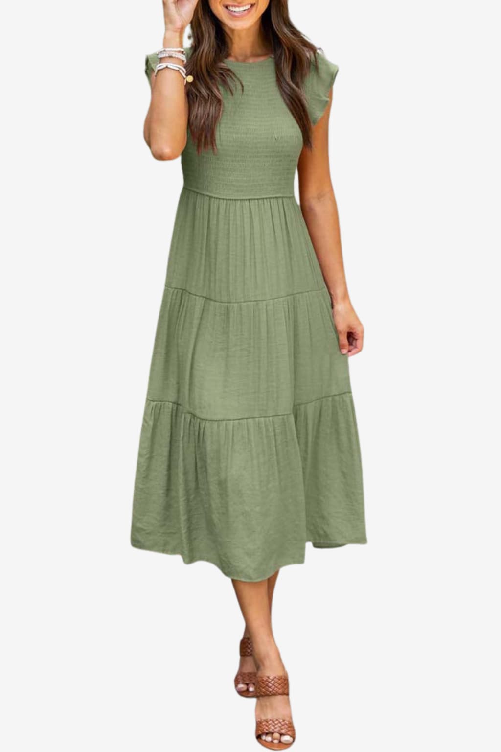 Women's Cotton Pleated Midi Dress Short Sleeve Summer