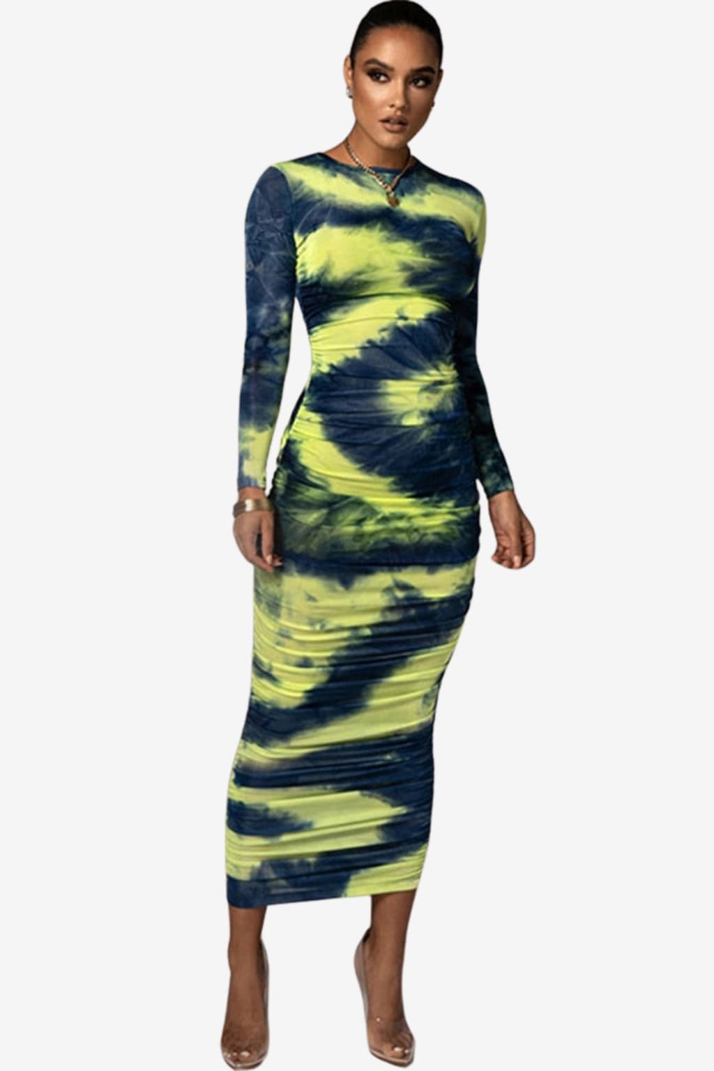 Women's Midi Ruched Long Sleeve Bodycon Dress