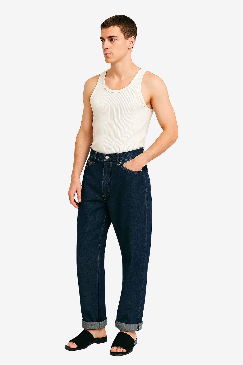 Men’s Wide Leg Baggy Jeans High Waist Dark Wash Denim