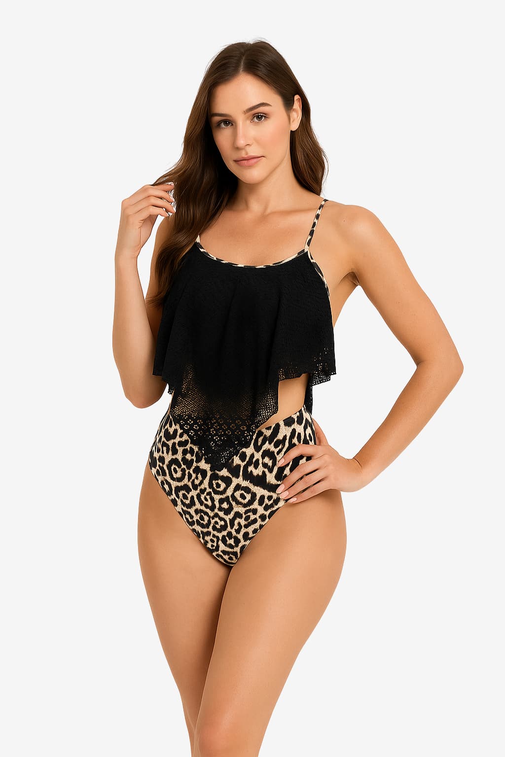 Women’s Leopard Print Tankini Set with Lace Top