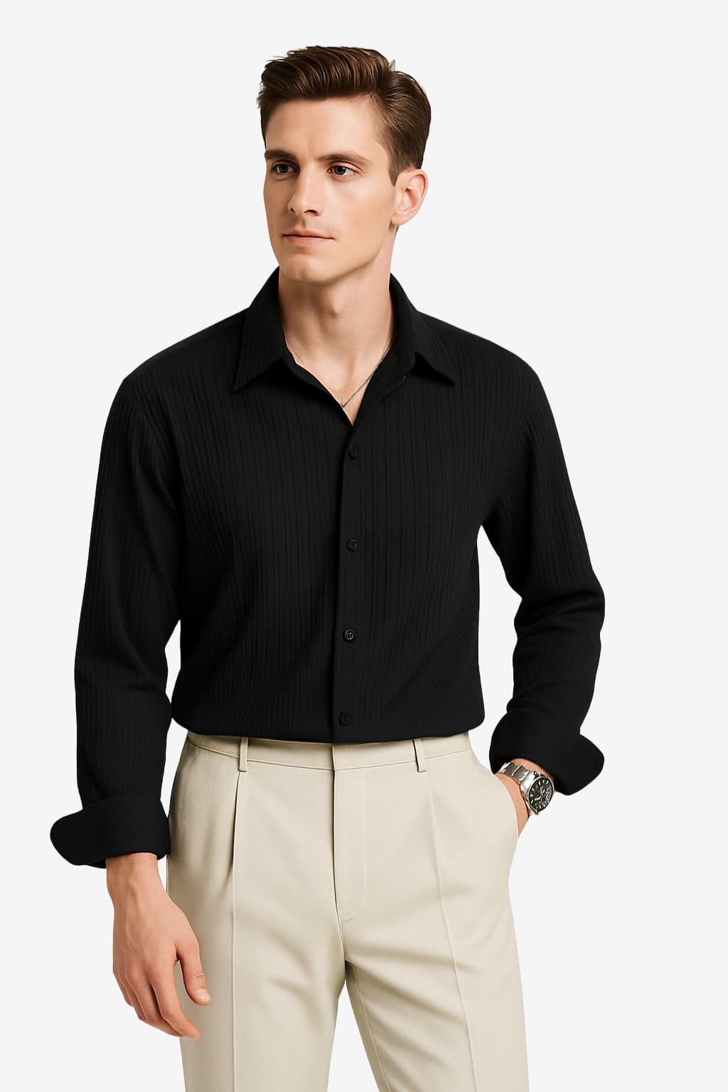 Men’s Striped Long Sleeve Shirt Button-Up Slim Fit