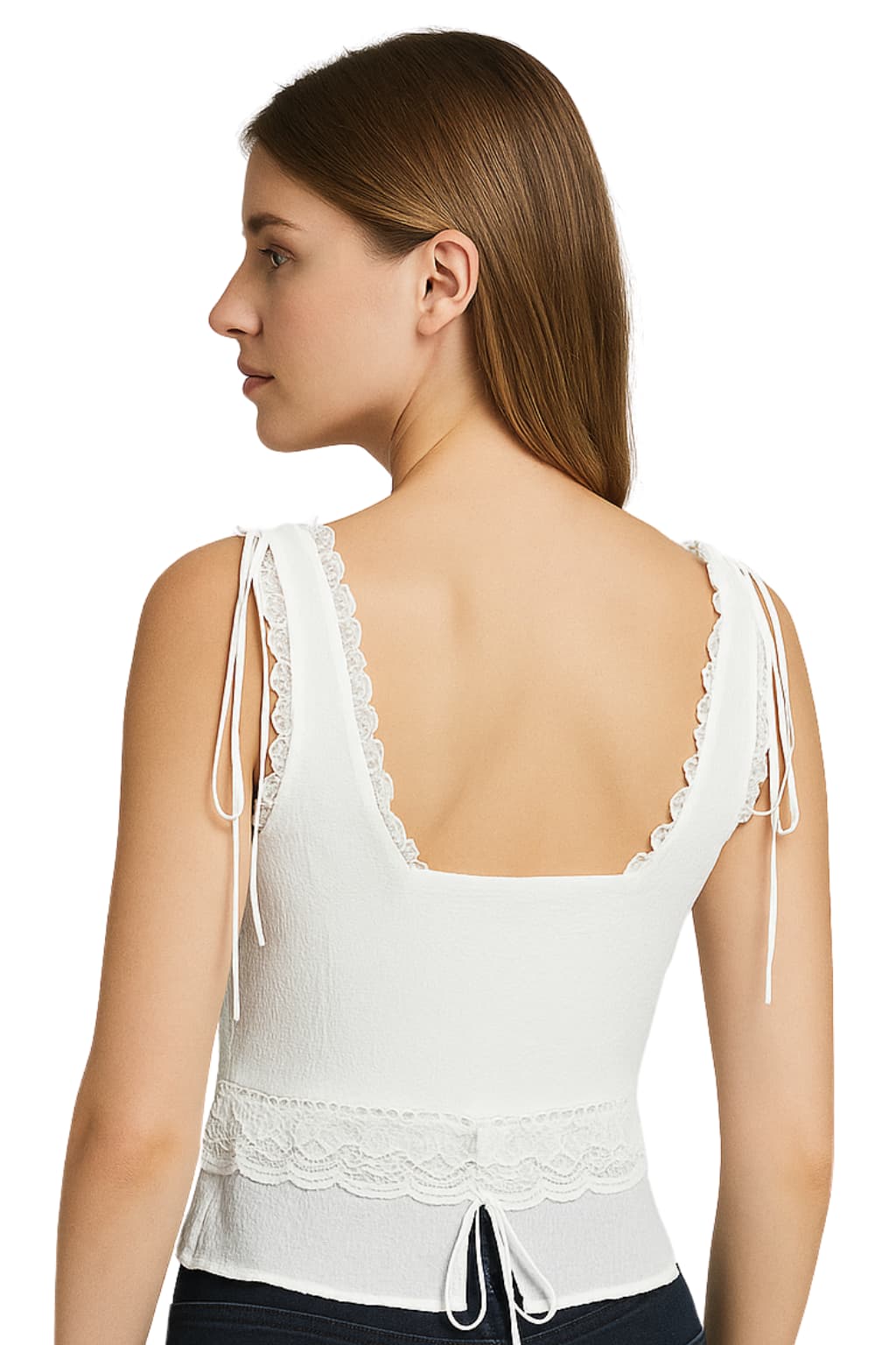 Women’s Lace Trim Tie Front Sleeveless Crop Top