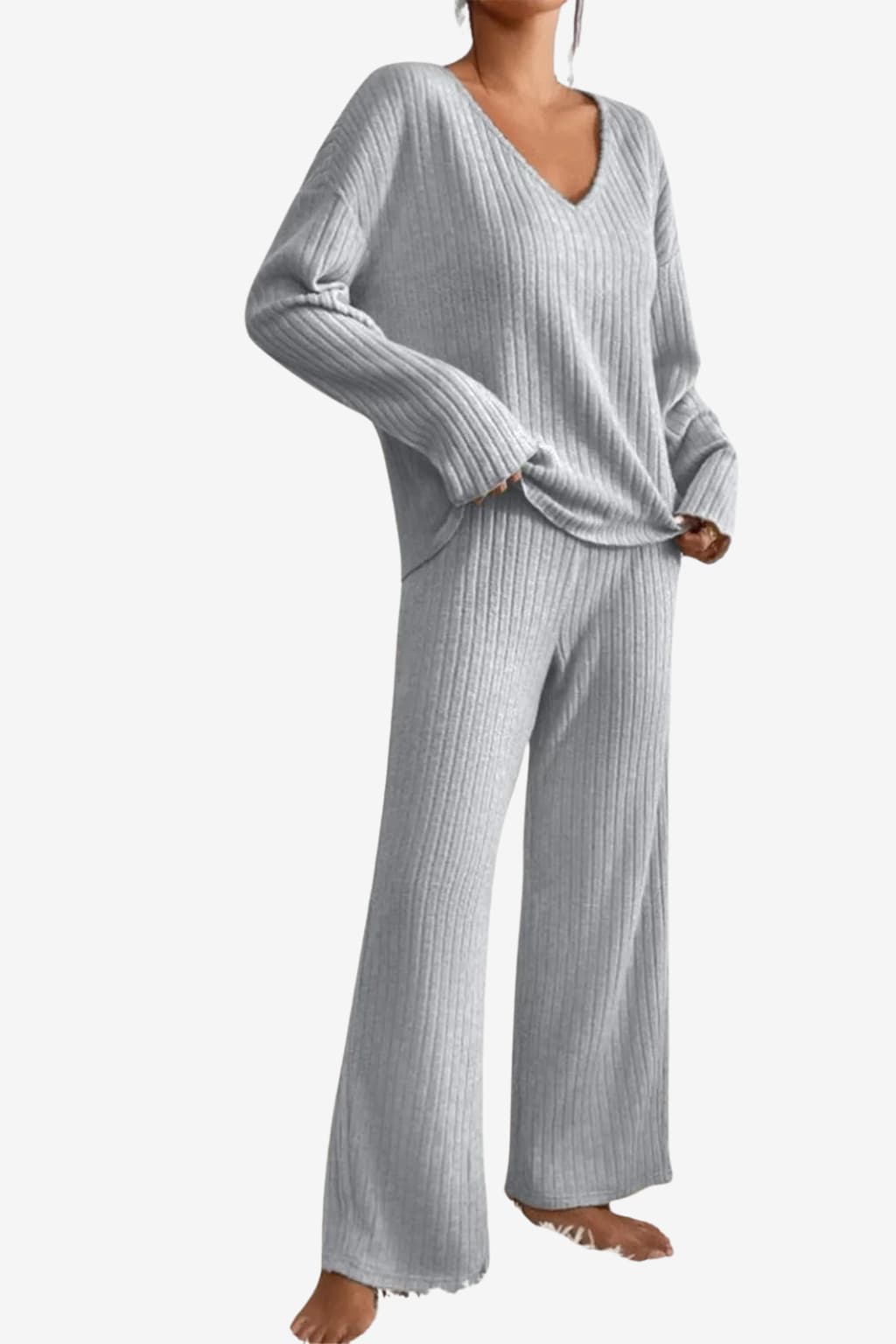 Women’s Ribbed Knit Lounge Set V-Neck Top Trousers