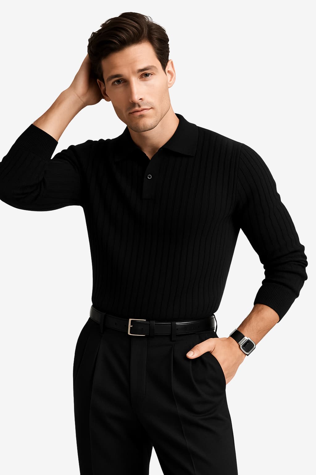 Men’s Long Sleeve Knitted Polo Shirt Ribbed Collar Fit