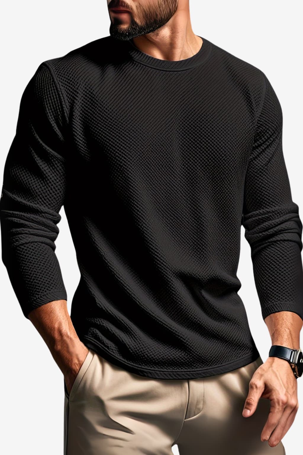 Men’s Waffle Knit Crew Neck Long Sleeve Sweatshirt