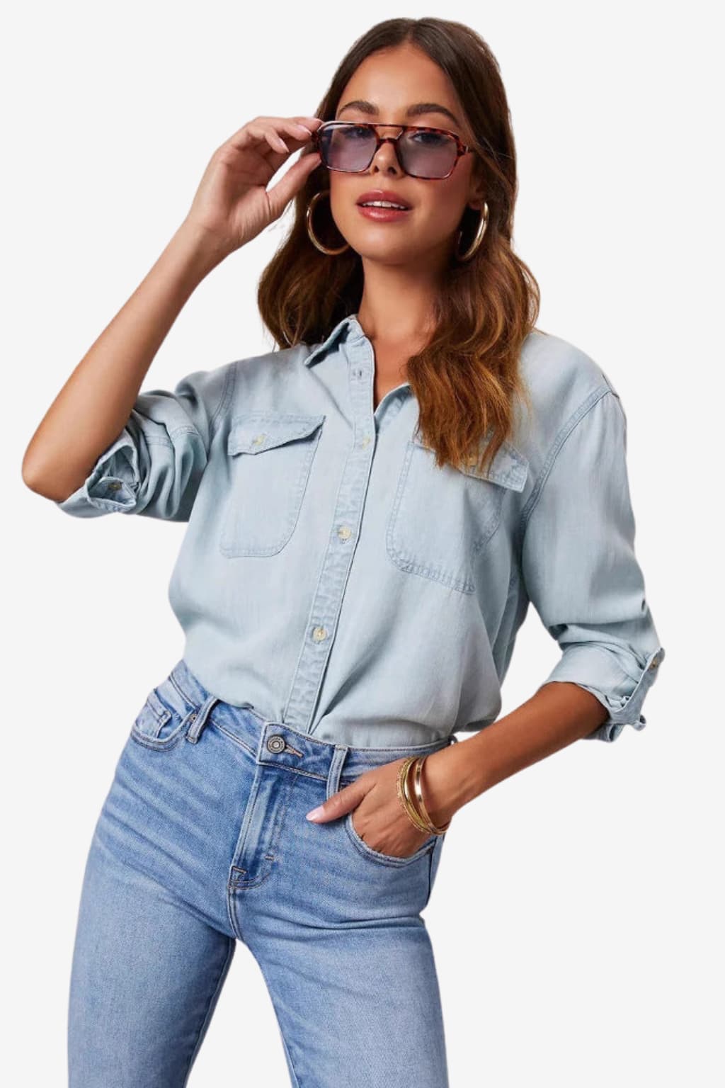 Women's Long Sleeve Denim Shirt Relaxed Fit Button Down