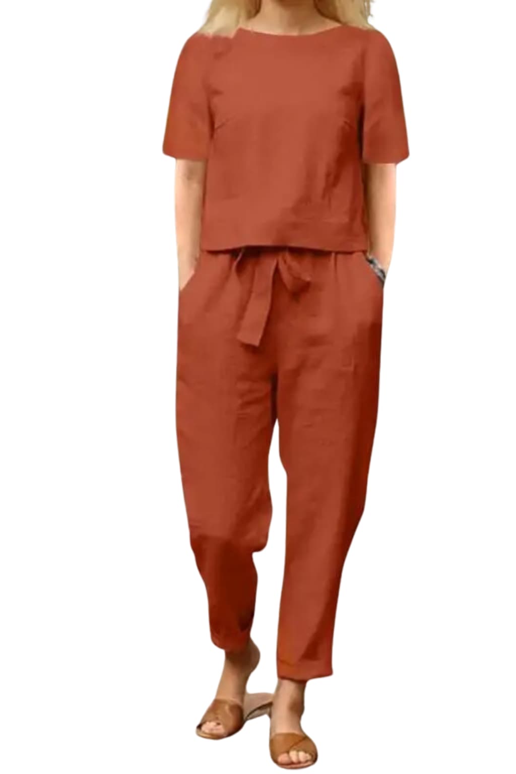 Women’s Linen Jumpsuit with Long Sleeve Wrap Top