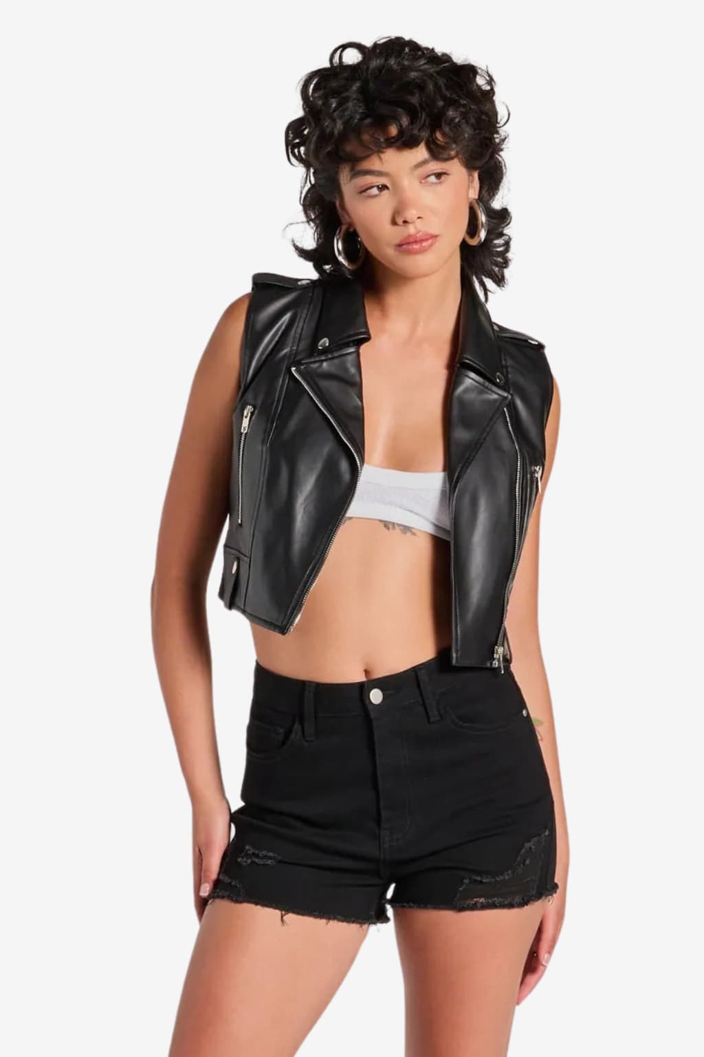 Women’s Faux Leather Cropped Moto Vest Sleeveless