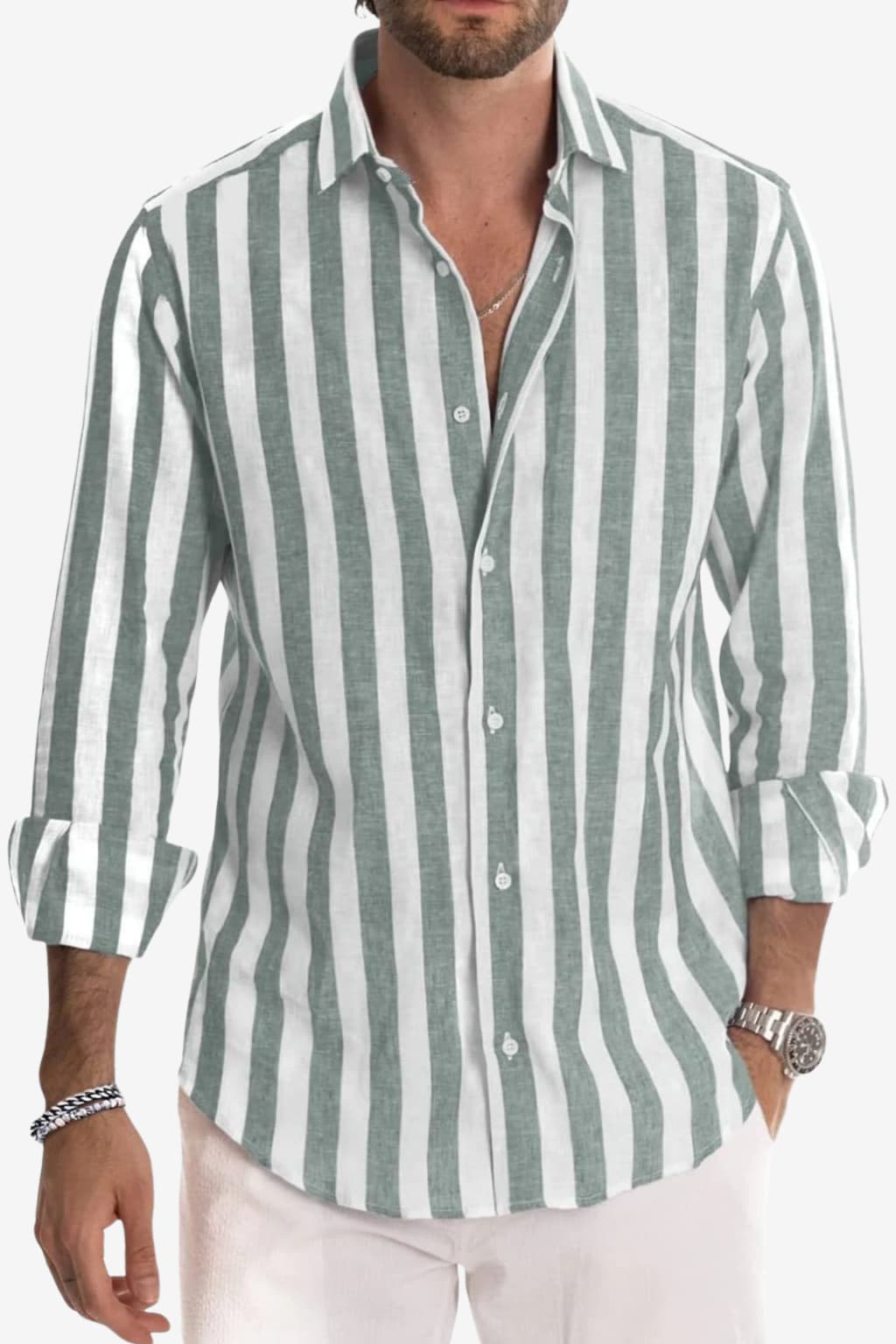 Men’s Long Sleeve Linen Shirt Striped Summer Casual Fit