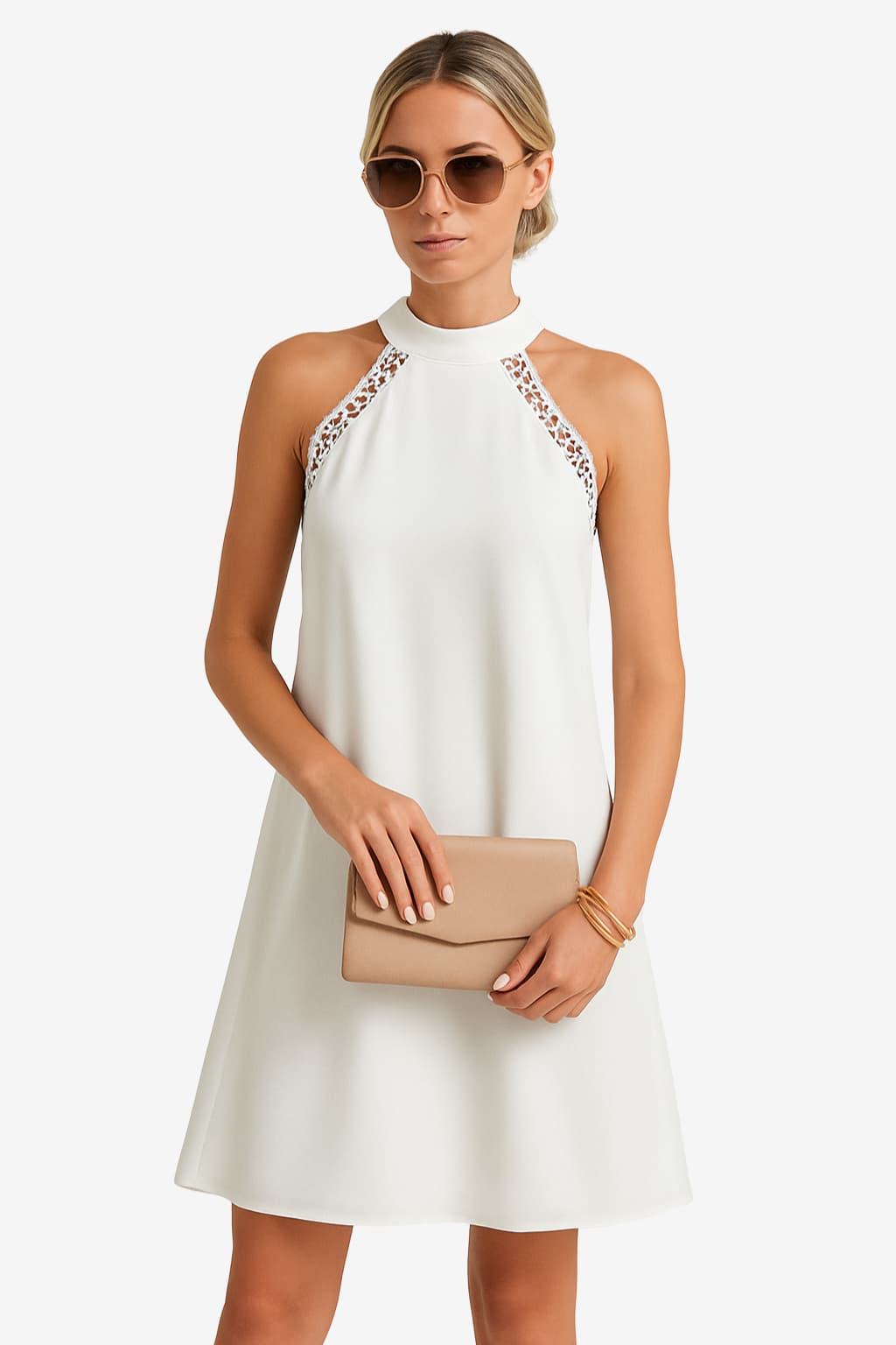 Women’s Backless Halter Mini Dress with Lace Trim