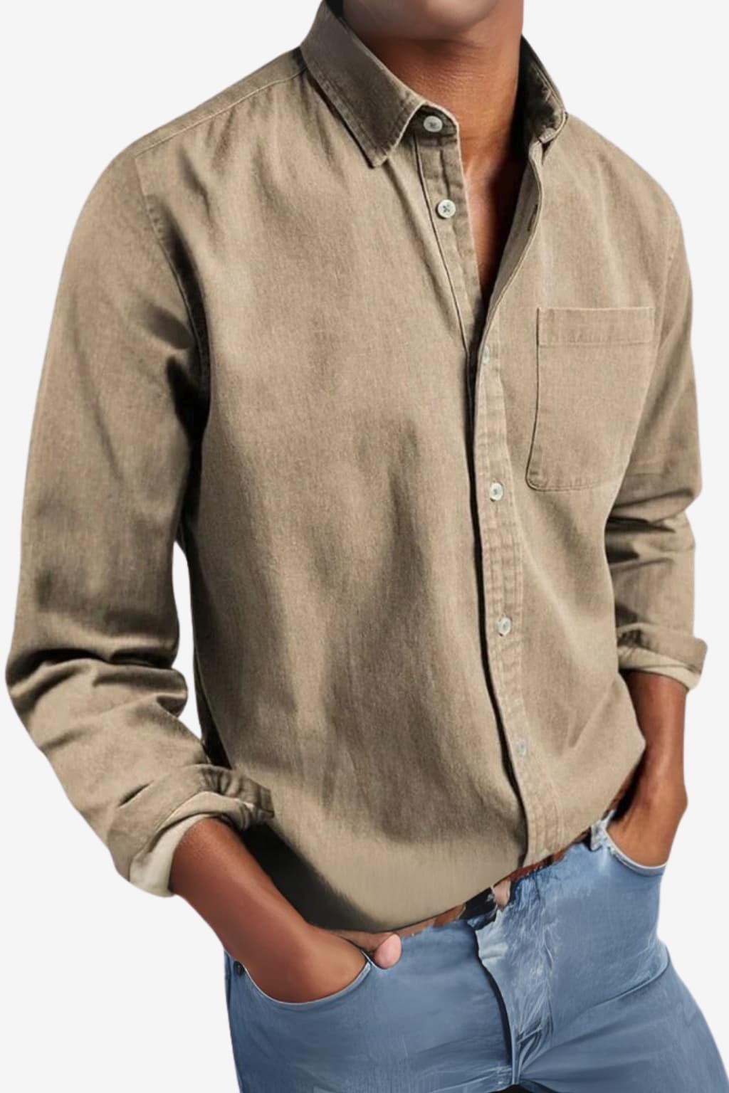 Men’s Long Sleeve Denim Shirt Casual Button-Up Top