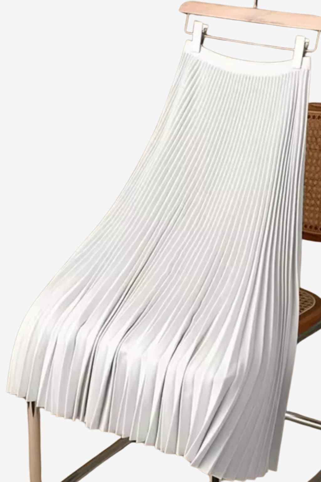 Women’s Pleated Midi Skirt High Waist Beige Elastic