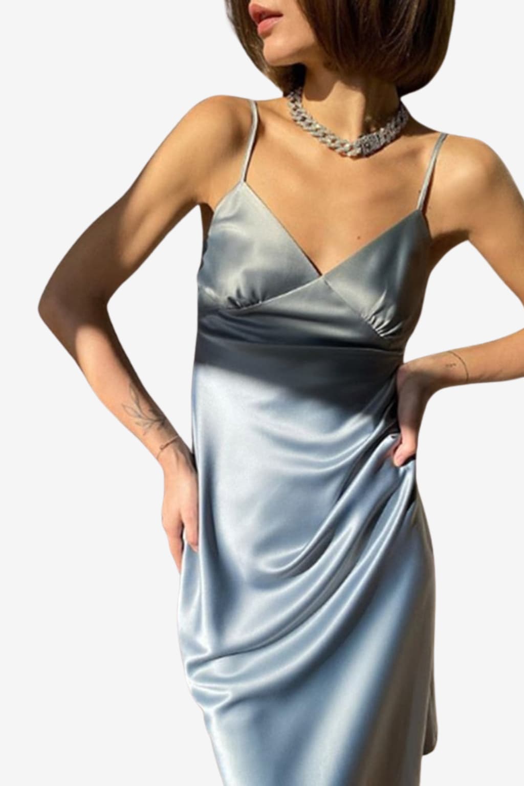 Women’s Satin Slip Dress Midi Length with V-Neck