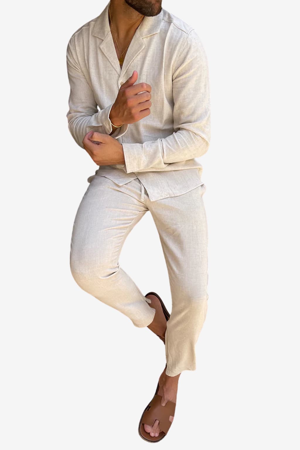 Men's Linen Long - Sleeve Shirt &amp; Trousers Set Relaxed Fit