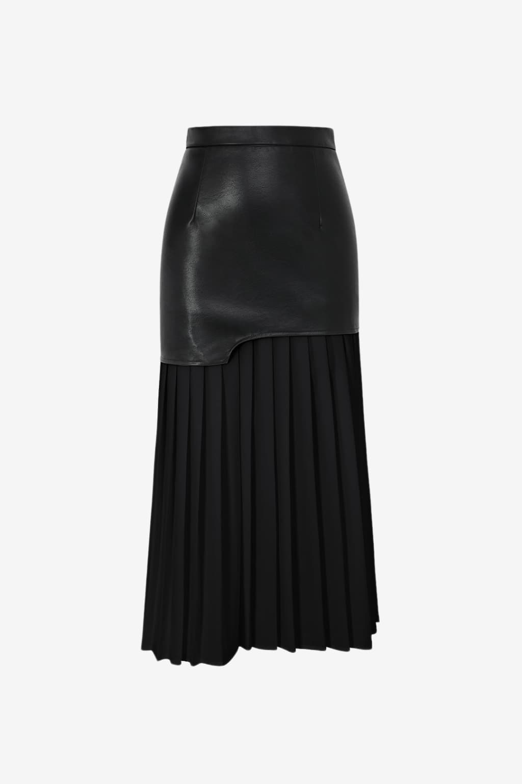 Women's Faux Leather Pleated Midi Skirt Black White High Waist