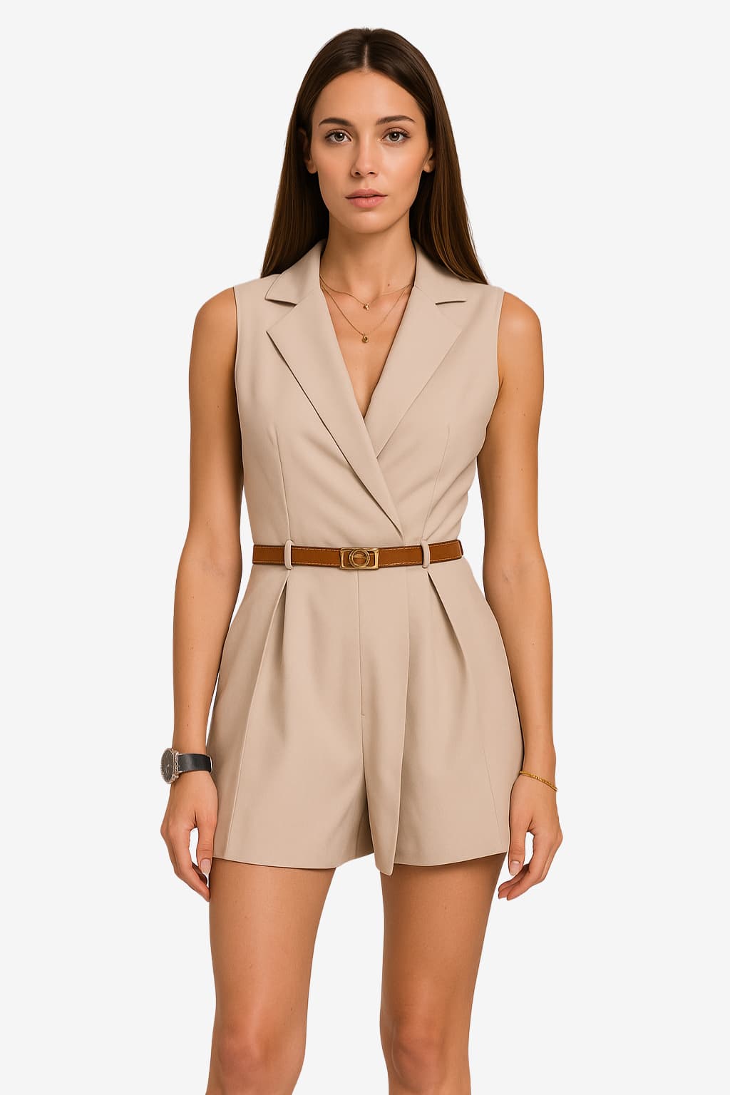 Women’s Sleeveless Belted Jumpsuit V-Neck Summer Fit
