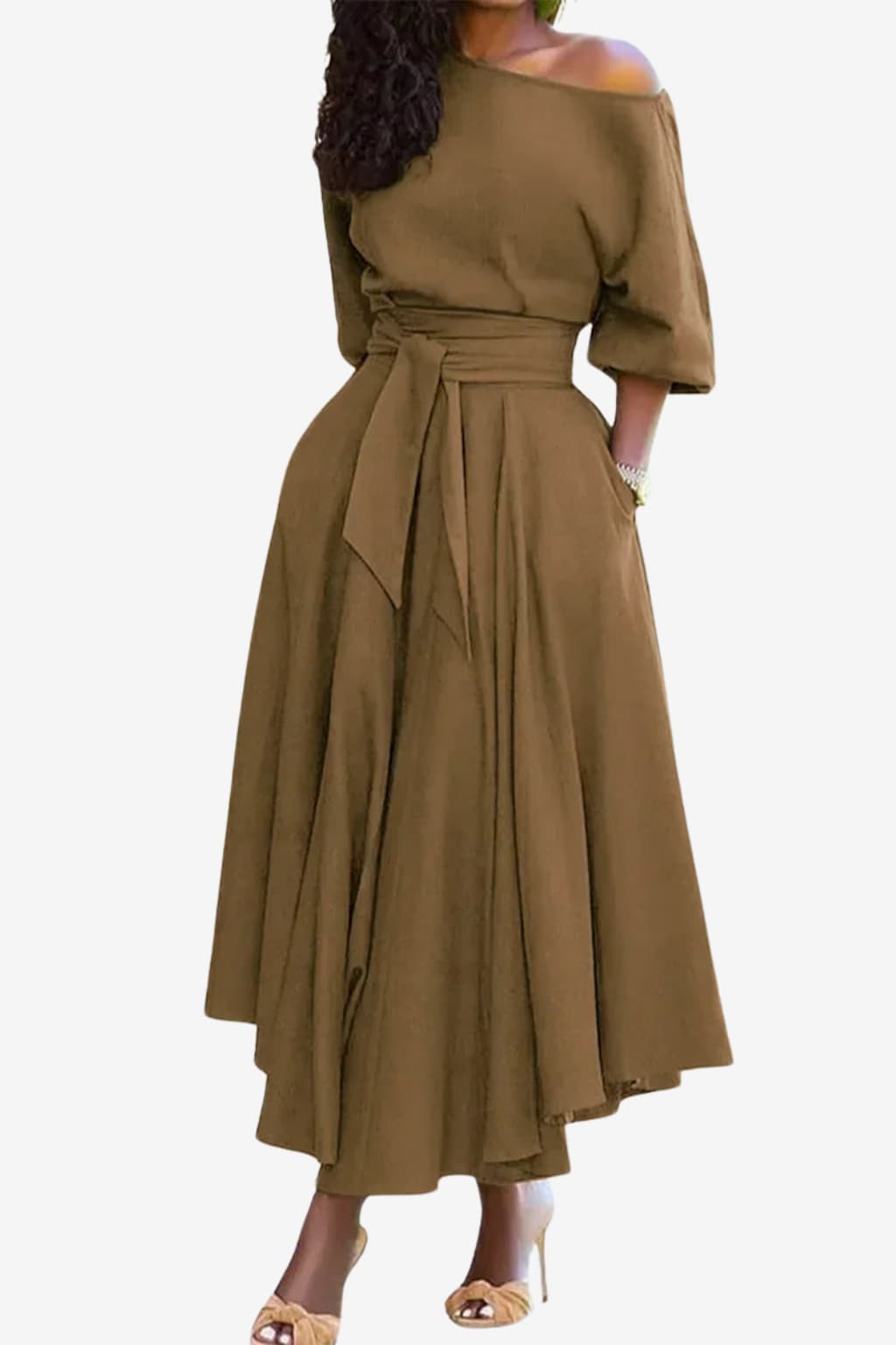 Women’s Off Shoulder Midi Dress Flared Skirt Belted