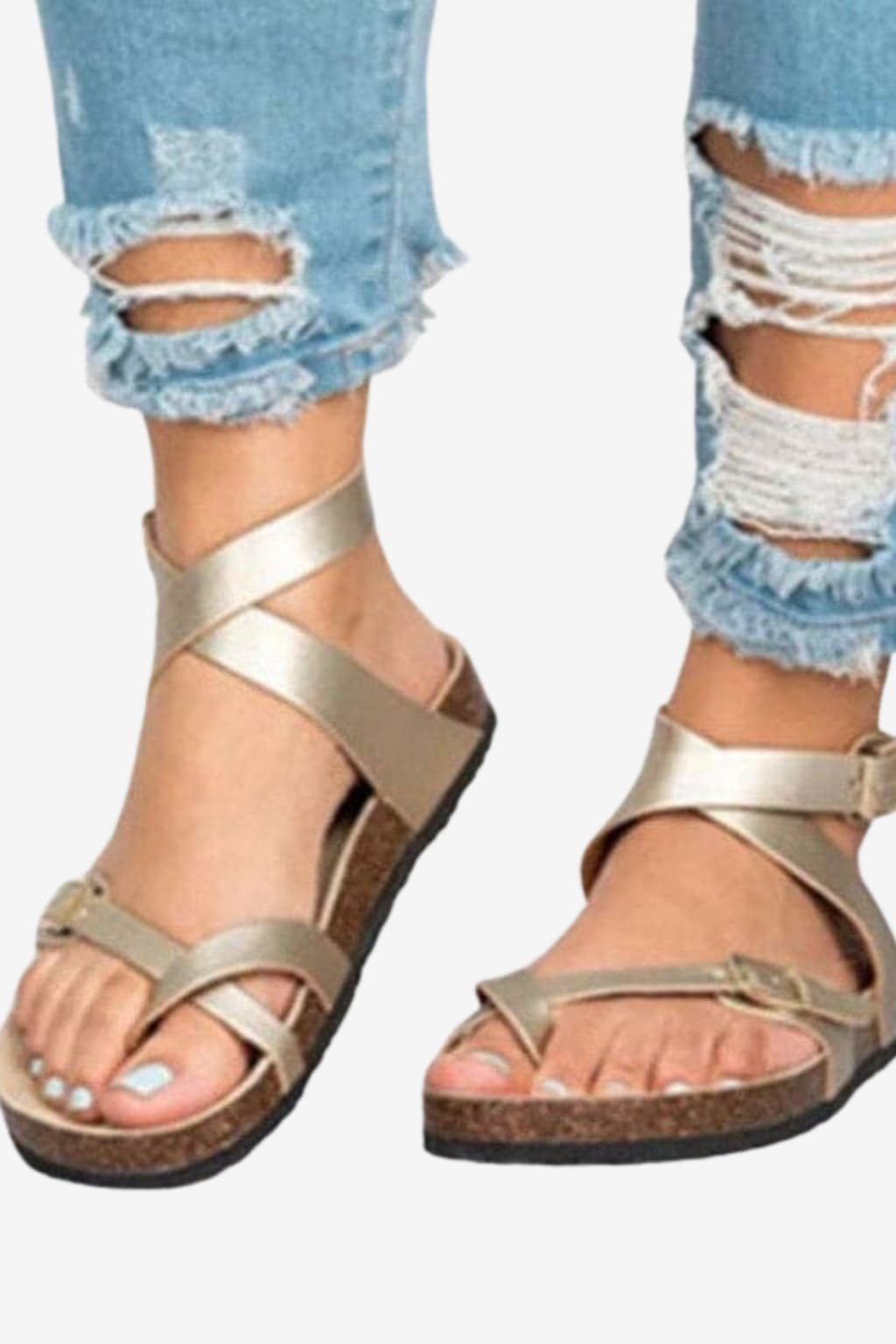 Women’s Gold Strap Sandals with Ankle Buckle Flat Sole