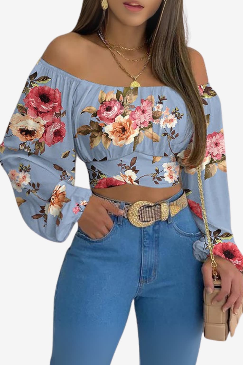 Women’s Boho Off-Shoulder Top Long Sleeve Light Blue