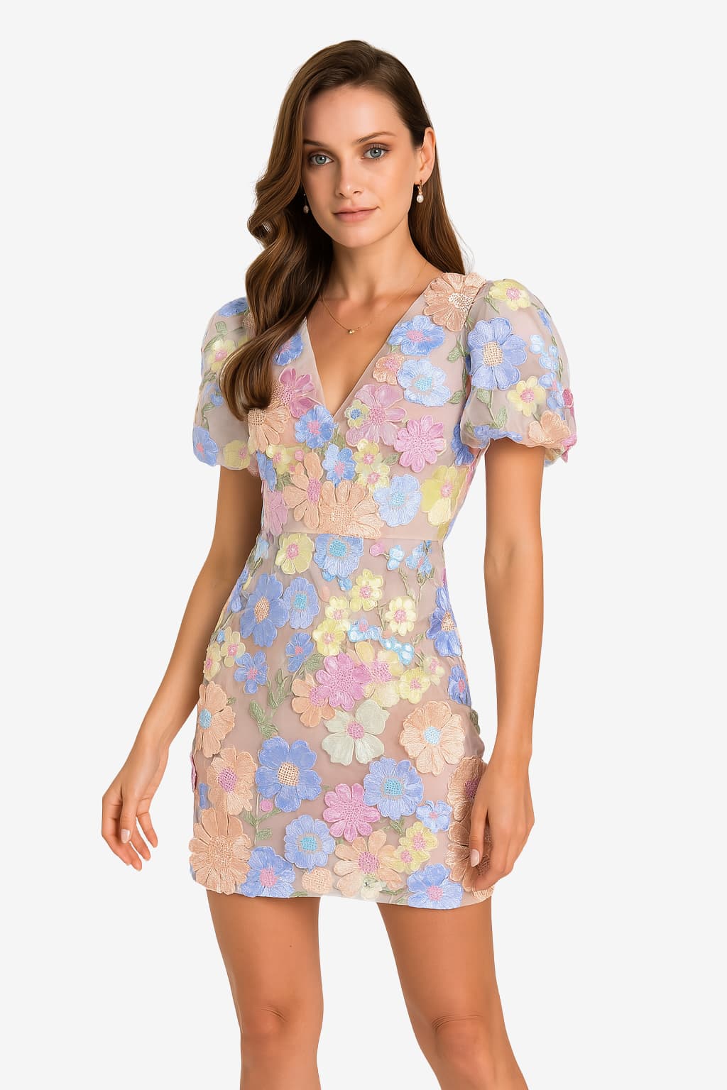 Women’s Puff Sleeve Mini Dress Floral V-Neck Fit