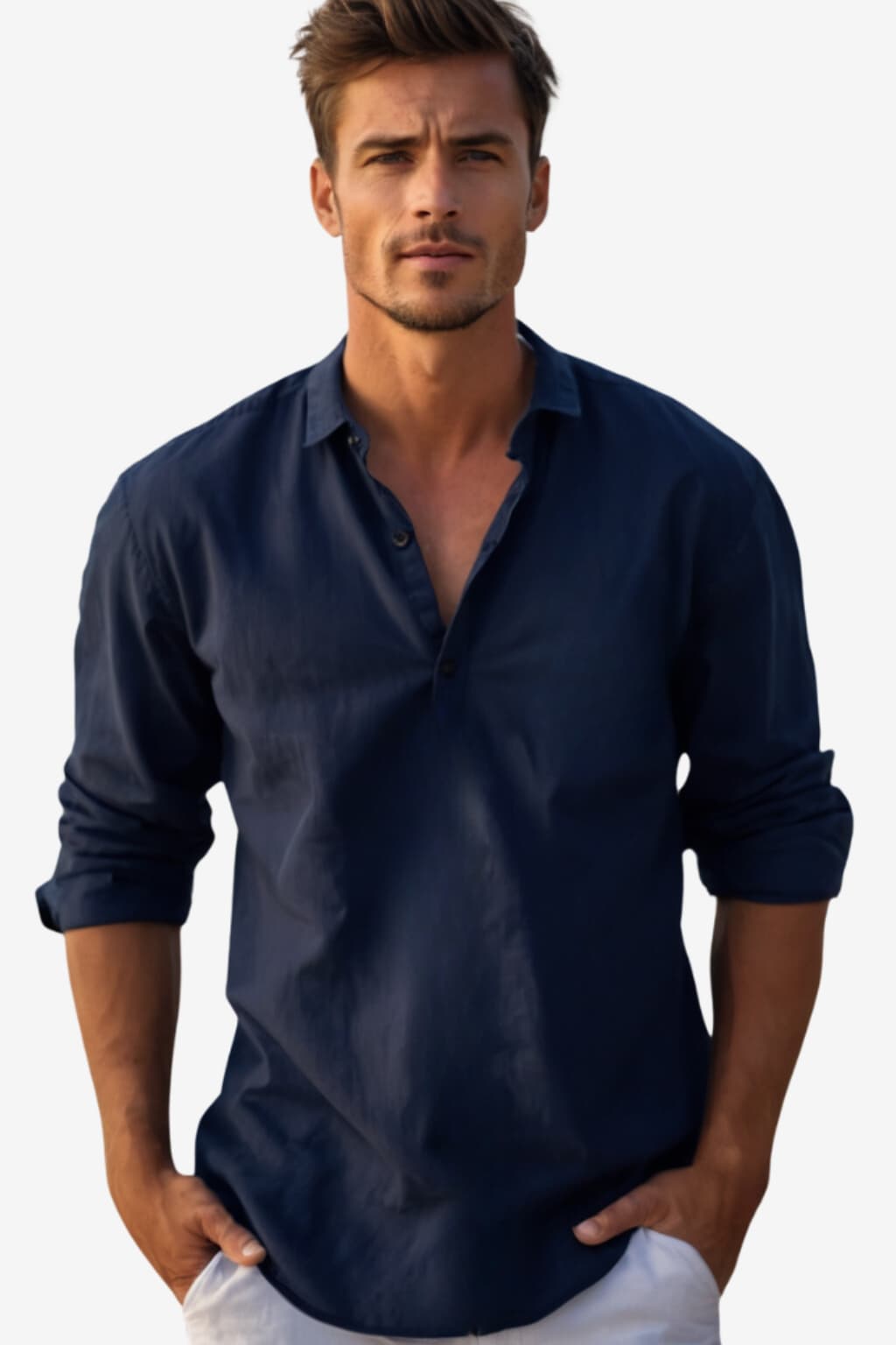 Men's Long - Sleeve Henley Shirt Purple Mandarin Collar