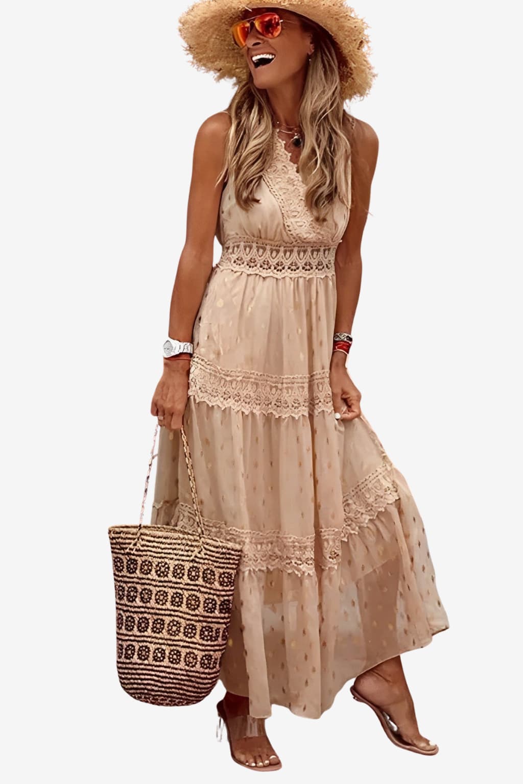 Women’s Sleeveless Boho Maxi Dress with Lace Detail