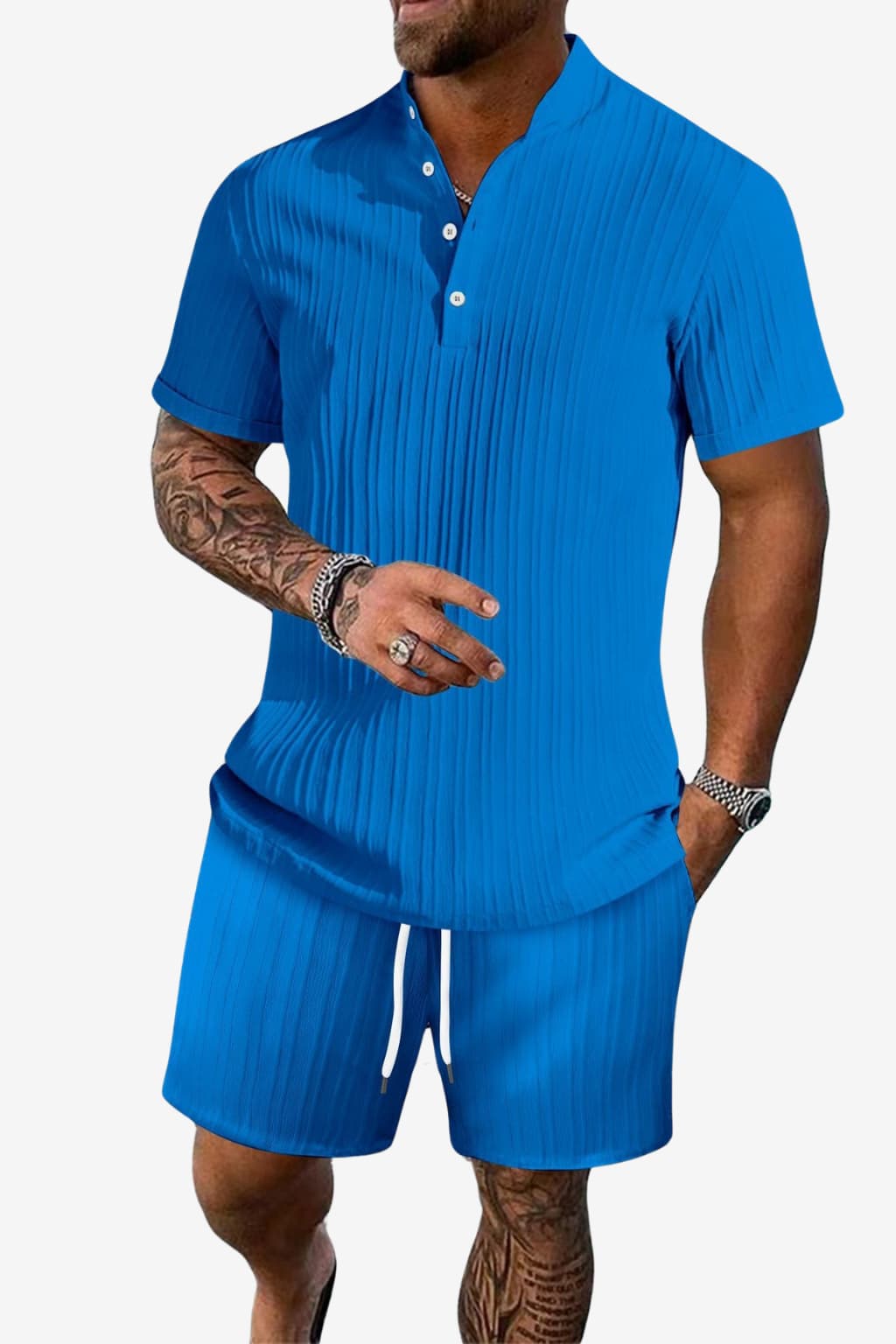 Men’s Ribbed Polo Shirt and Shorts Set Summer Casual