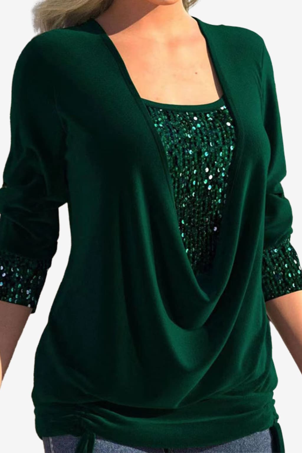 Women's Elegant Sleeve Draped Neckline Sequin Blouse