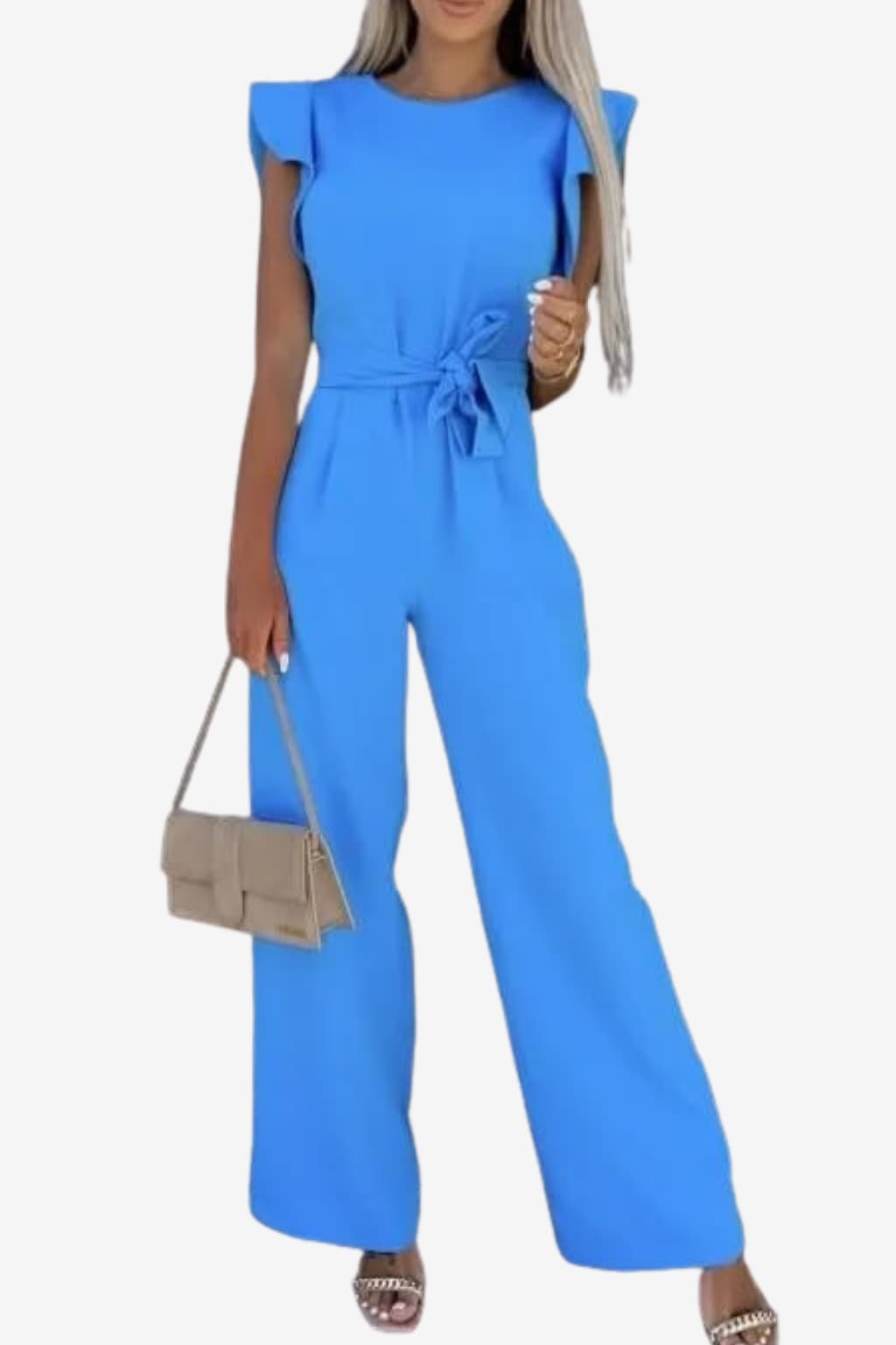 Women’s Wide Leg Jumpsuit with Belt and Cap Sleeves