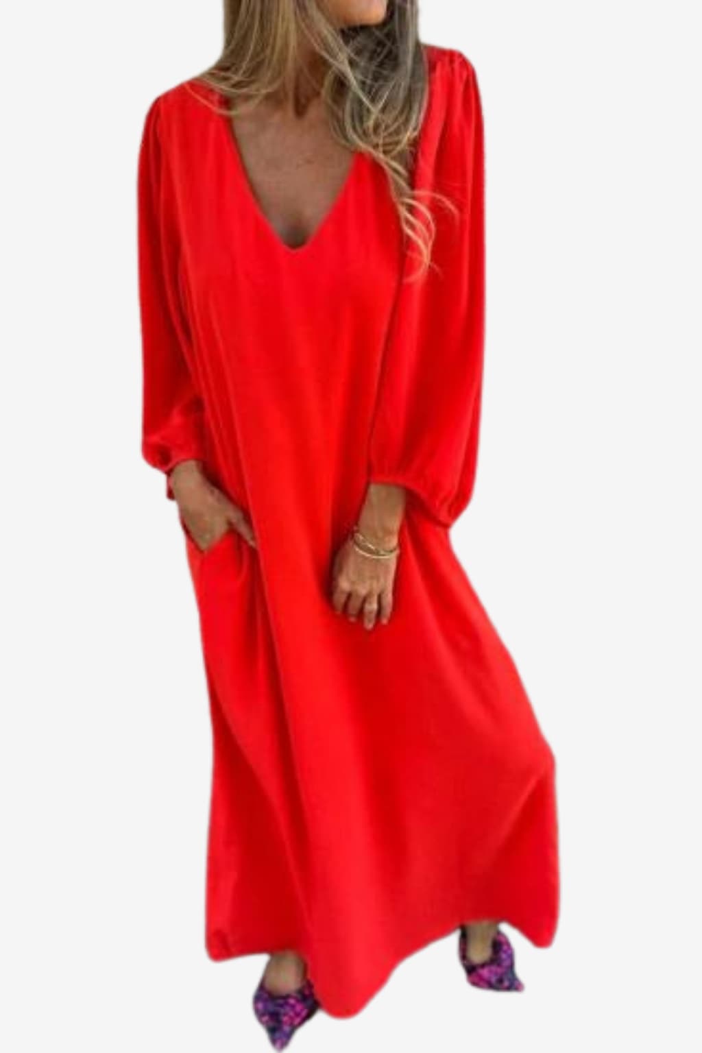 Women’s V-Neck Maxi Dress Balloon Sleeve Flowy Fit