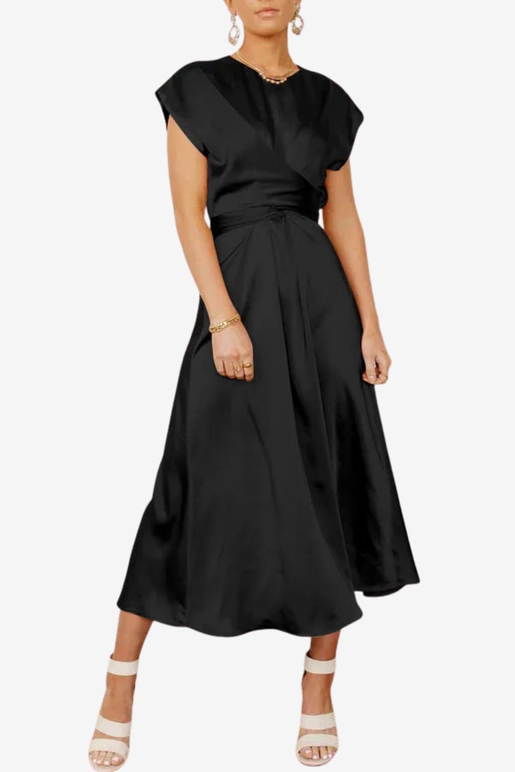 Women’s Satin Midi Dress Asymmetric Neckline Flowy Fit