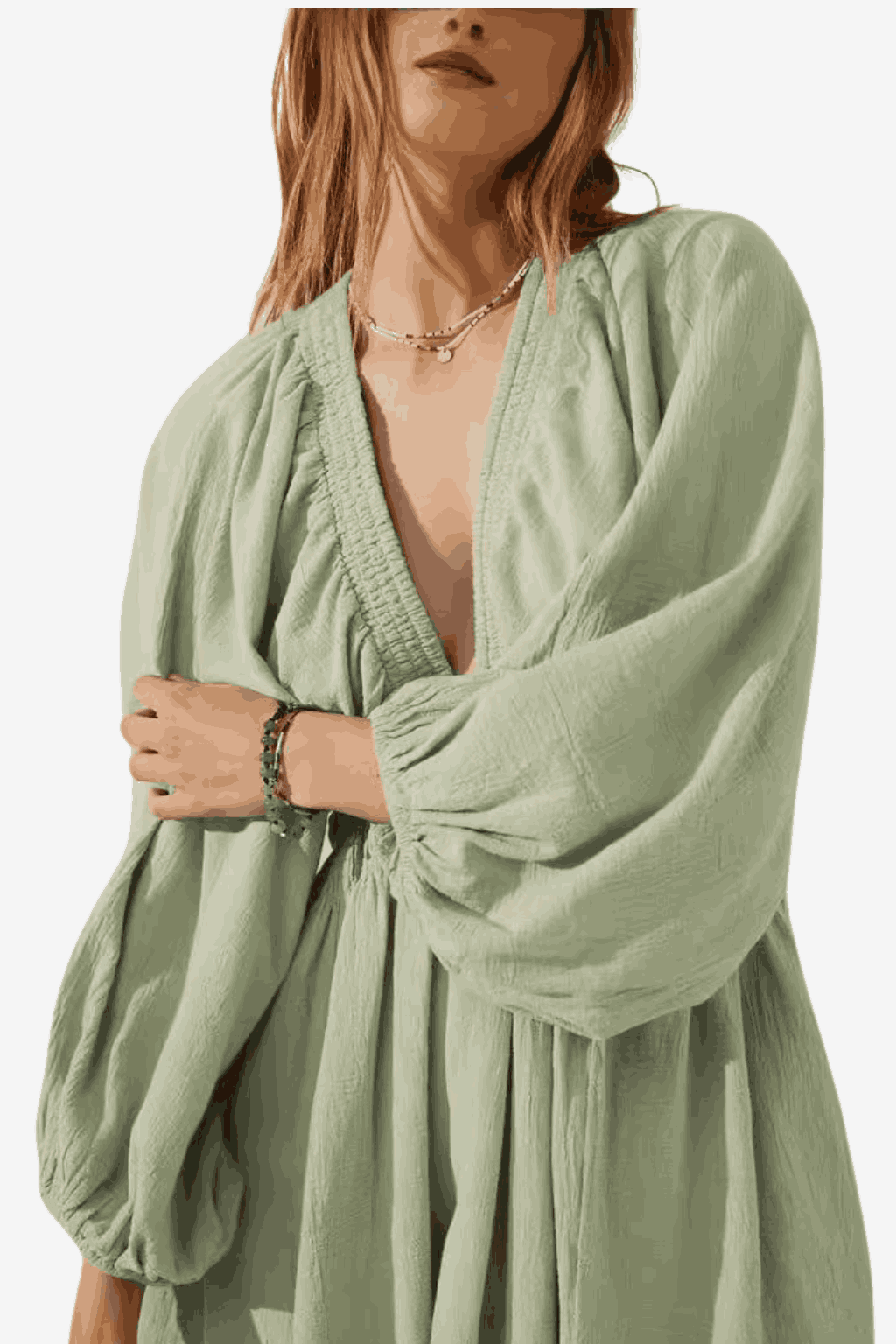 Women's Cotton Linen Short Dress - V-Neck Long Sleeve Relaxed Fit