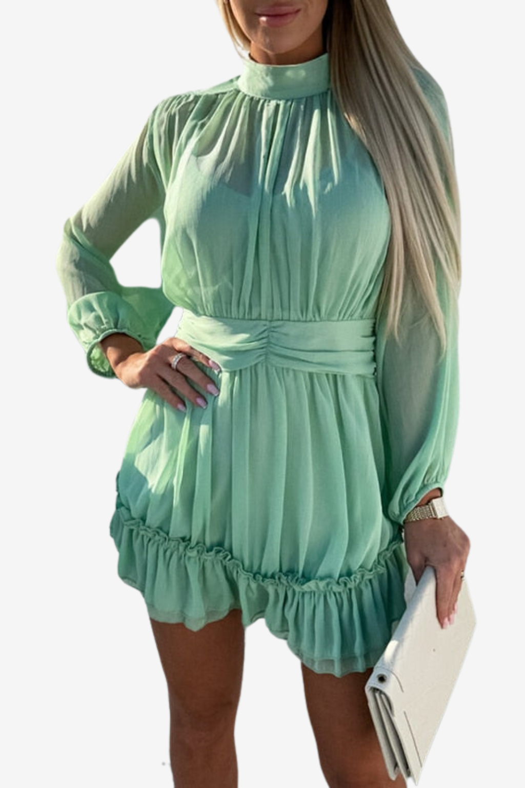 Women’s Pleated Mini Dress Long Sleeve Ruffle Hem