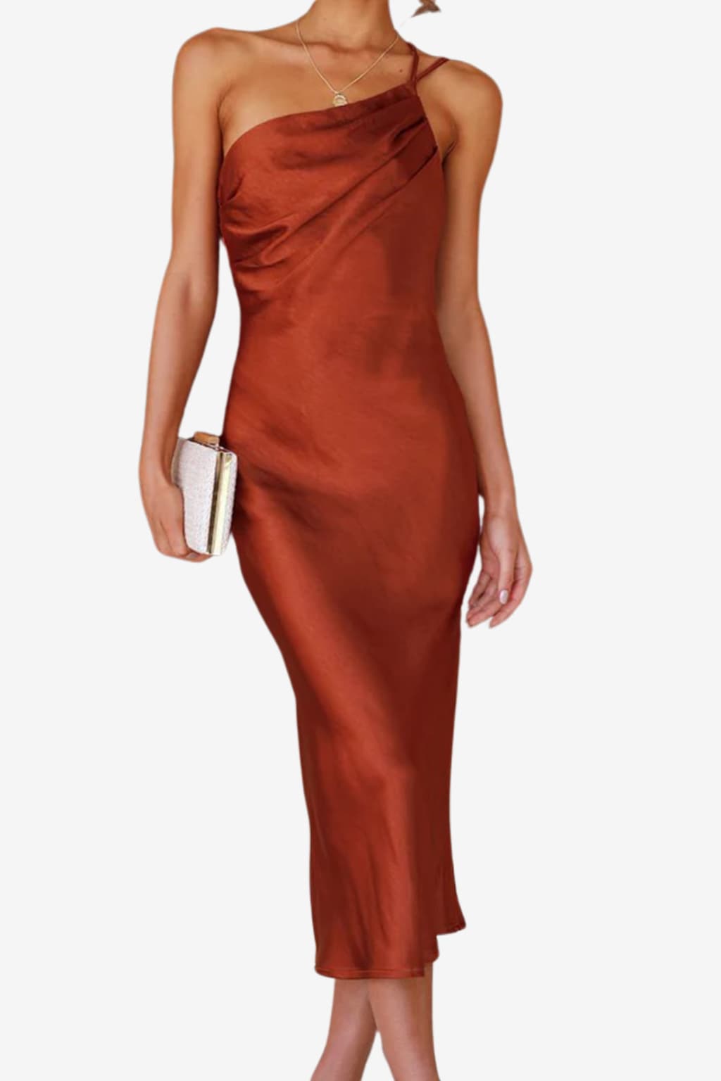 Women's One-Shoulder Midi Dress in Emerald Satin