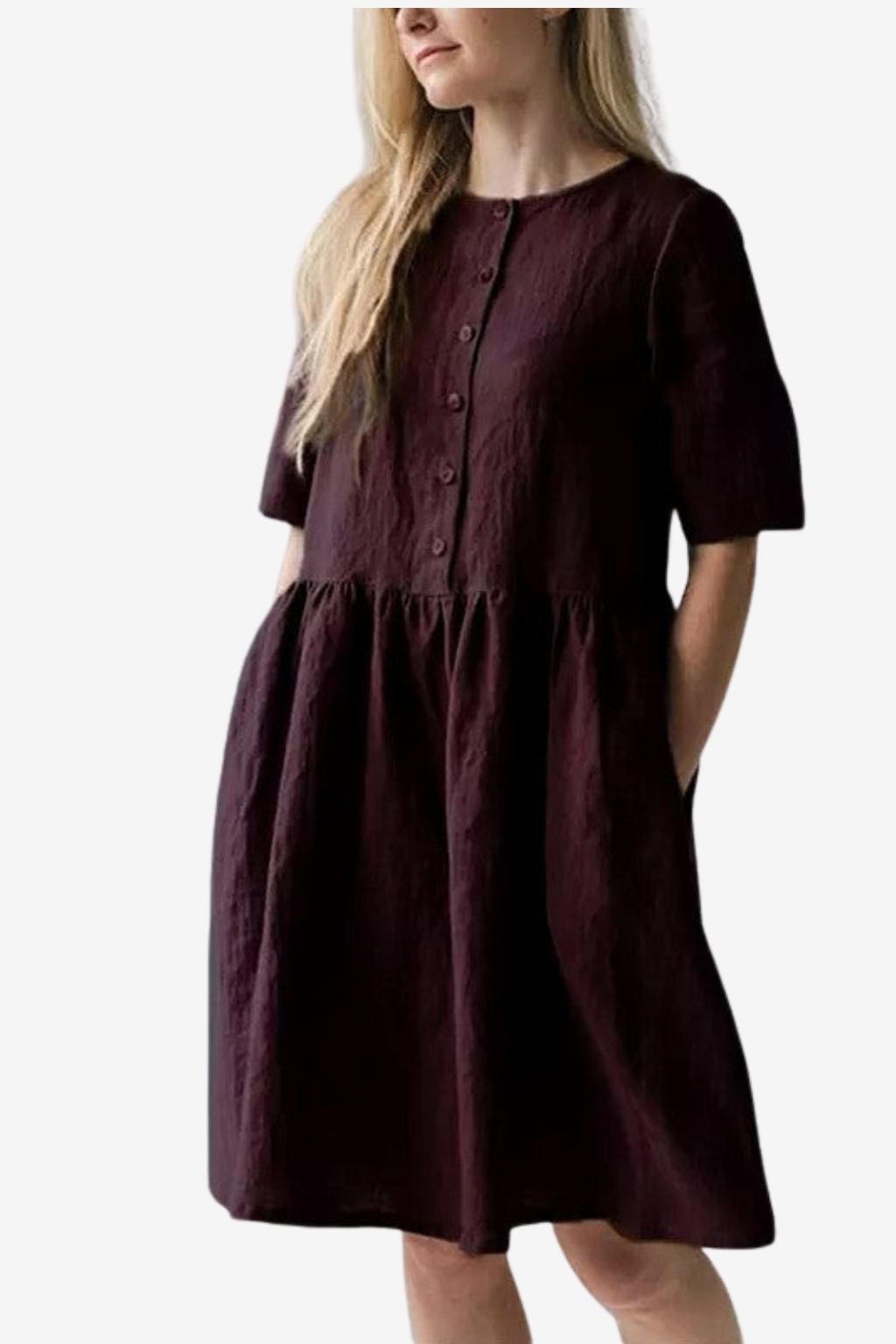 Women's Cotton Linen Midi Dress - Relaxed Fit Short Sleeve with Pockets &amp; Buttons