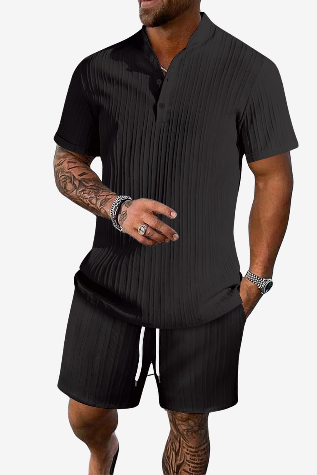 Men’s Ribbed Polo Shirt and Shorts Set Summer Casual