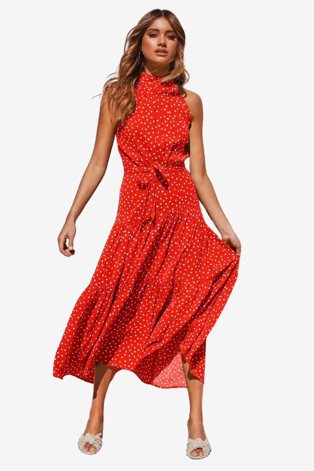 Women’s Polka Dot Halter Midi Dress Sleeveless Fit