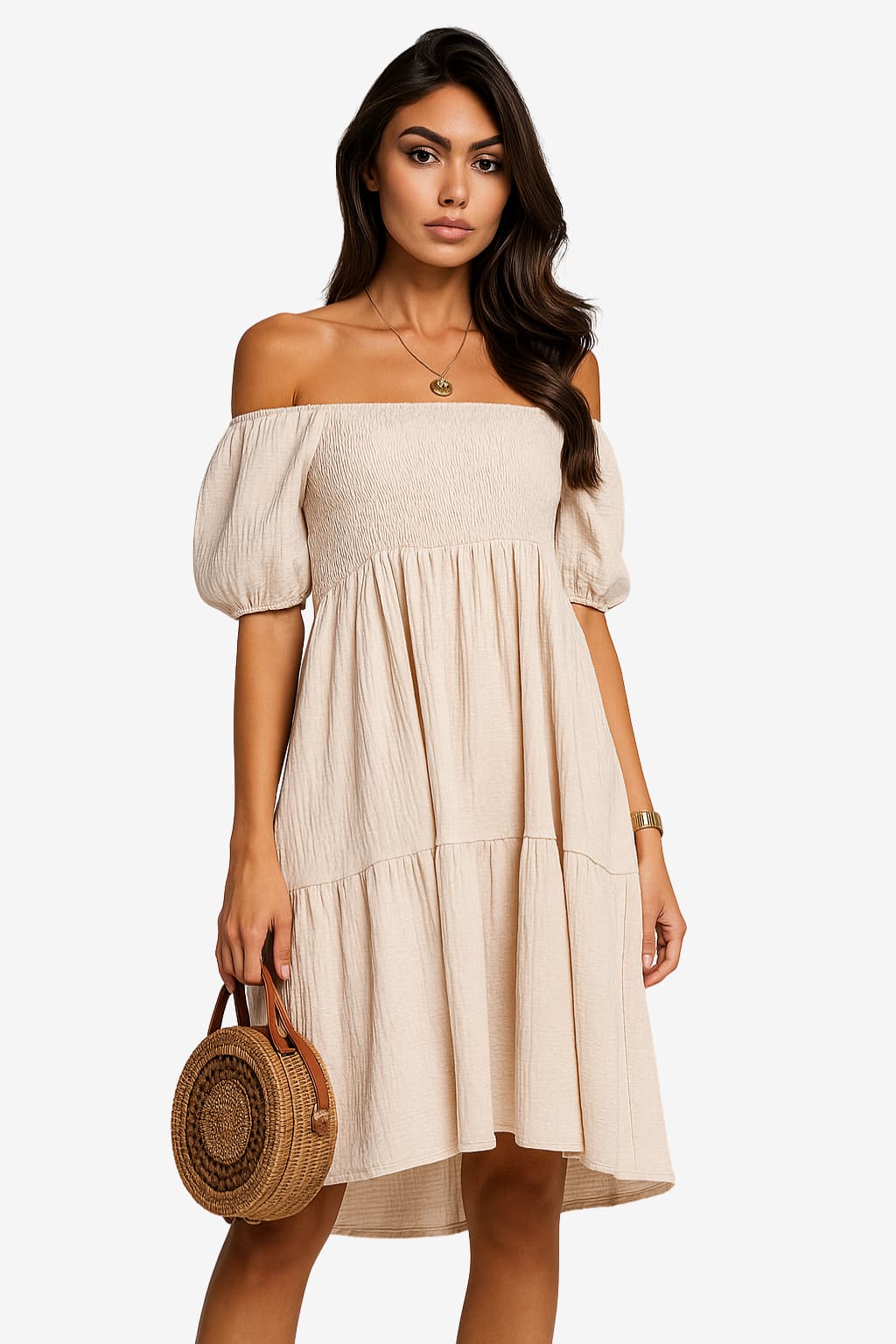 Women’s Beige Off Shoulder Summer Dress Boho Style