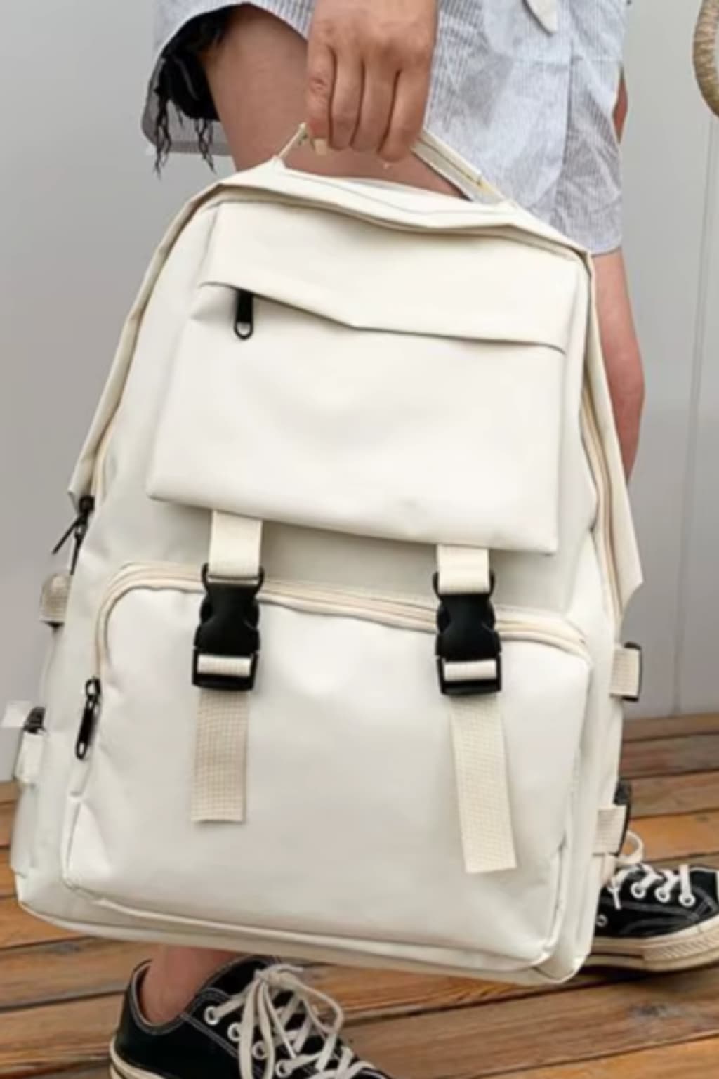 Unisex Nylon Backpack with Buckles and Pockets