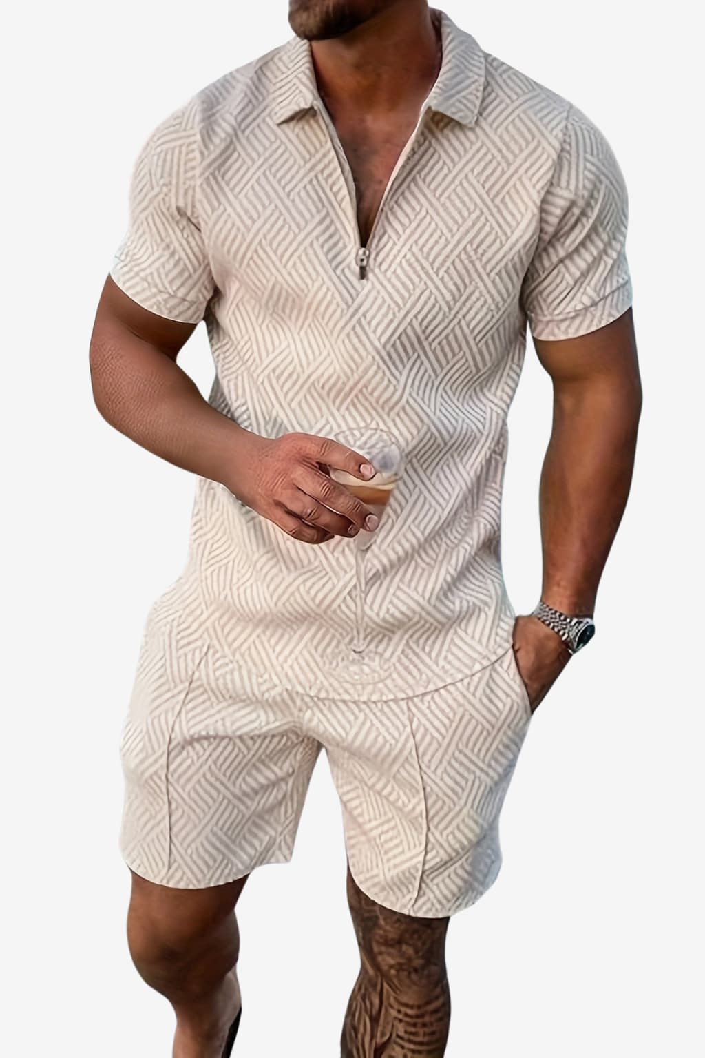 Men’s Summer Short Set Zip-Up Top Geometric Print