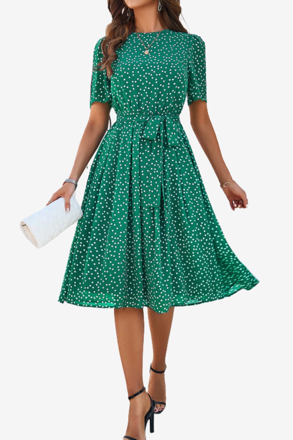 Women’s Polka Dot Midi Dress Short Sleeve Tie Waist