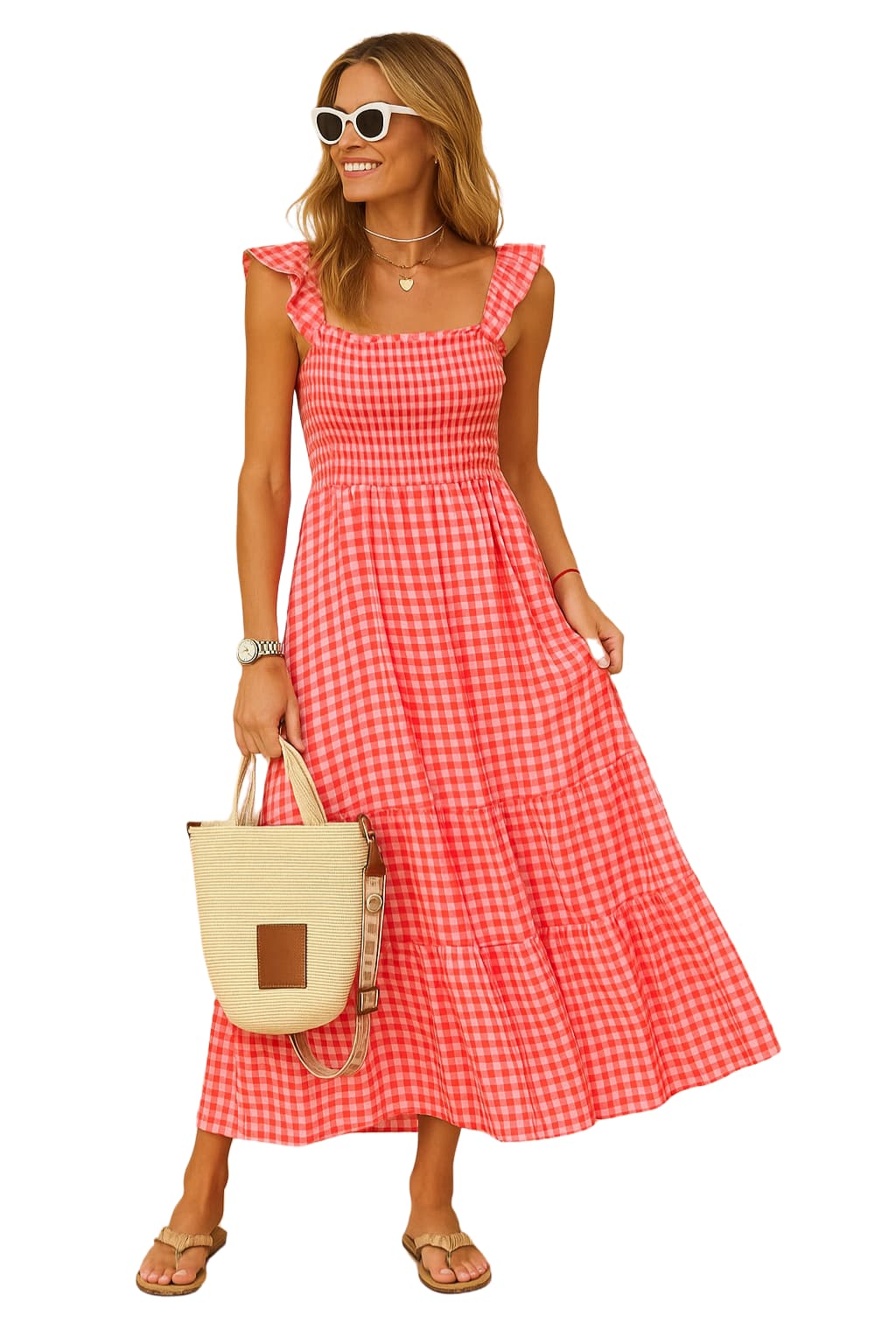 Women’s Check Maxi Dress with Shirred Bodice