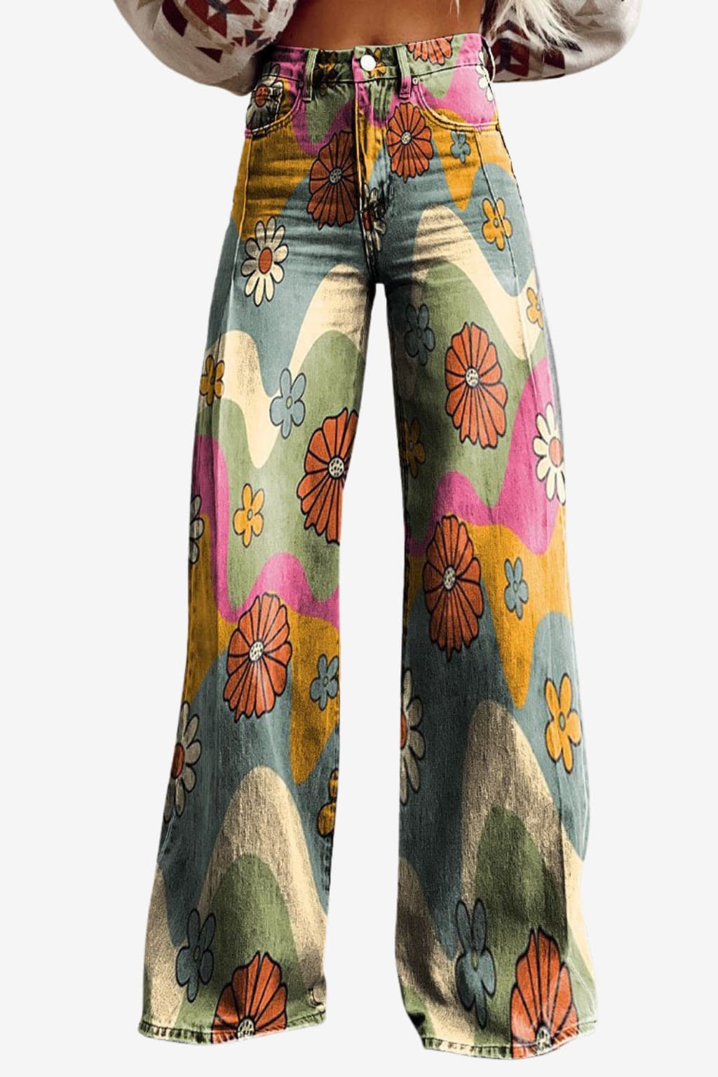 Women's Vintage Daisy Print Wide-Leg Trousers High-Waisted