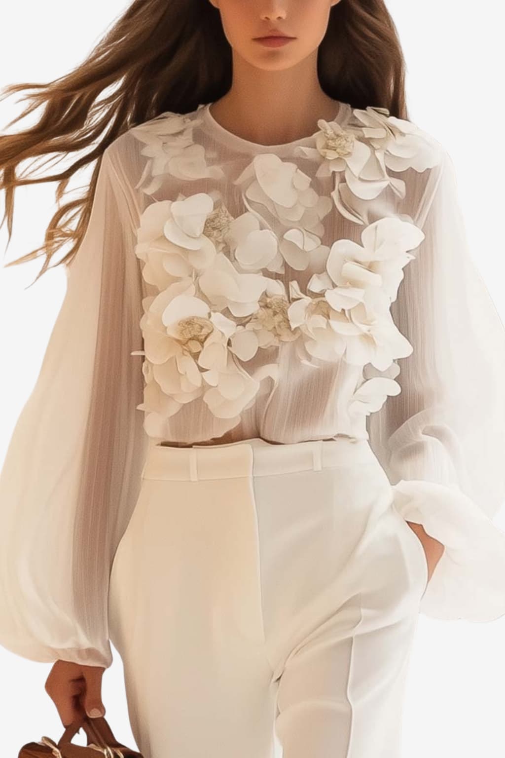 Women's Floral Chiffon Top Long Sleeve Round Neck Tie Detail