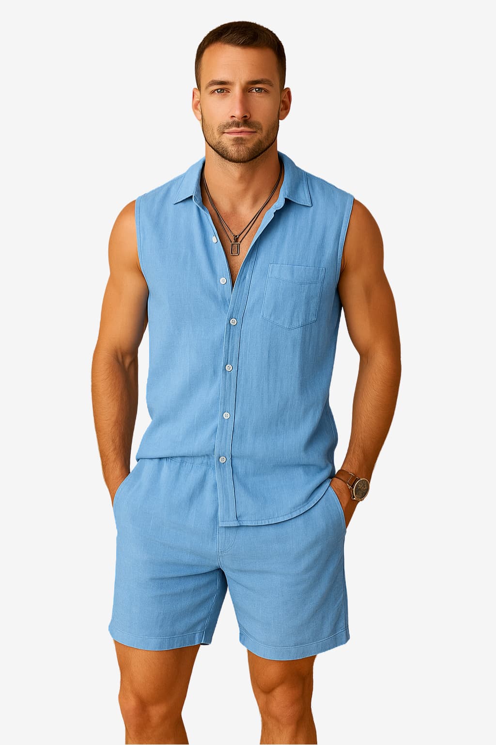 Men’s Sleeveless Cotton Linen Shirt Set Casual Summer