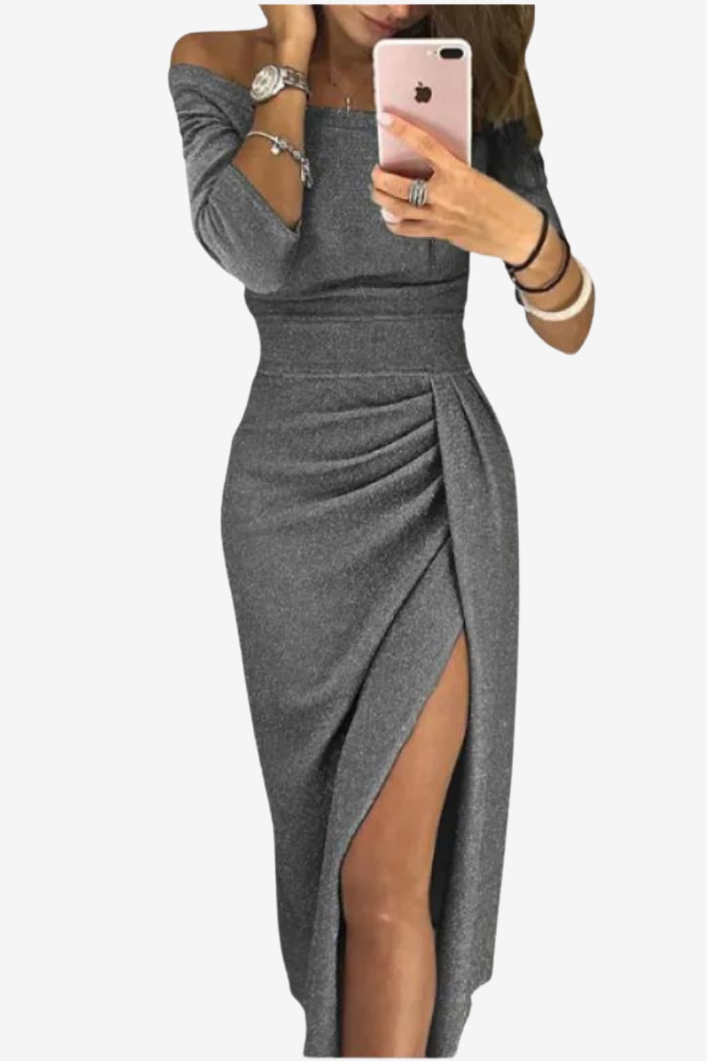 Women's Glitter Midi Dress with Off-Shoulder and High Slit