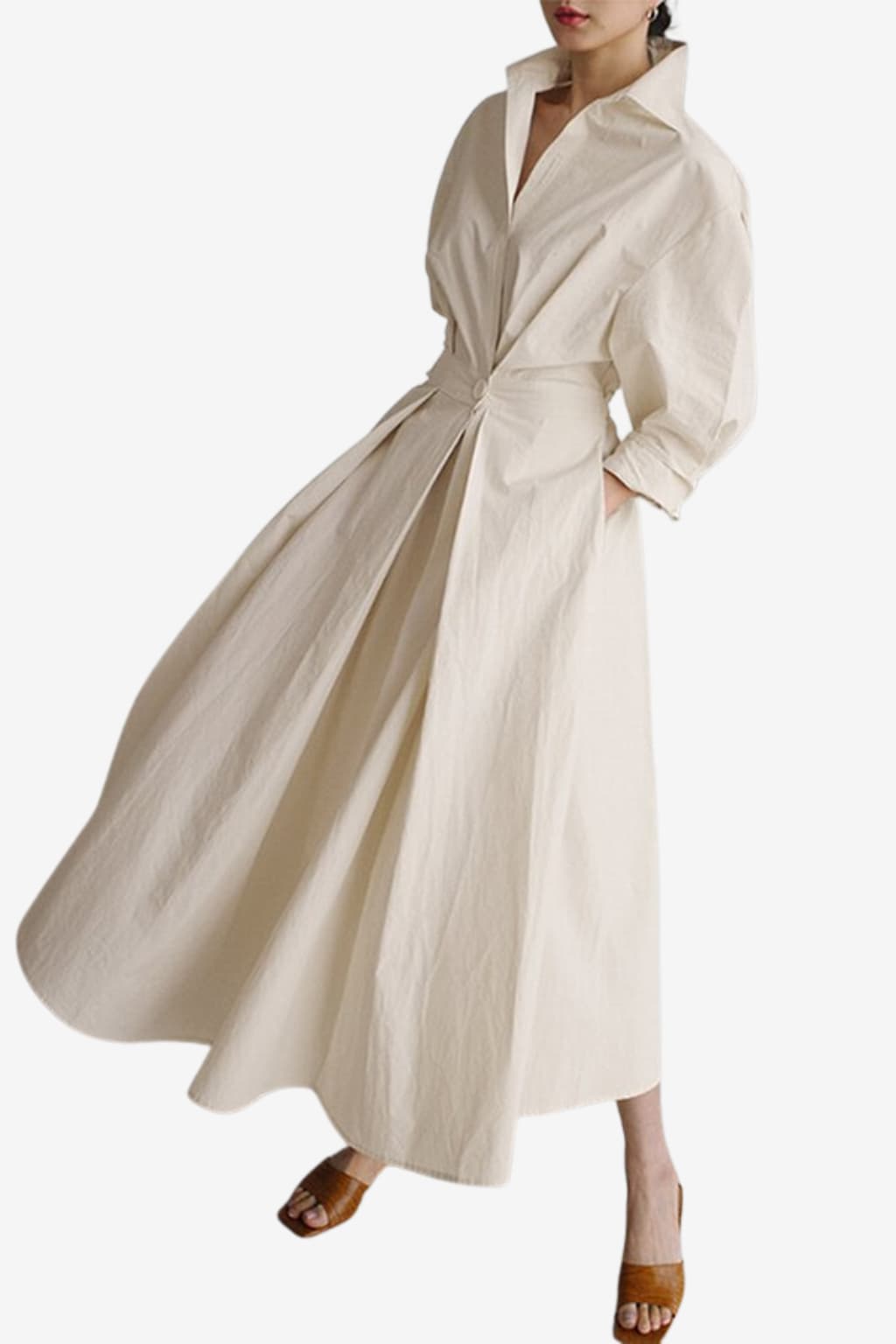 Women's Cotton Long Sleeve Midi Shirt Dress V-Neck